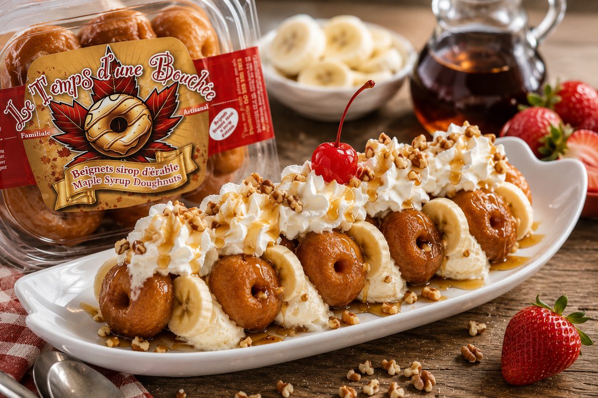 Banana split gourmand fait avec des beignets au sirop d'érable Le Temps d'une Bouchée, crème fouettée, bananes, noix et cerise