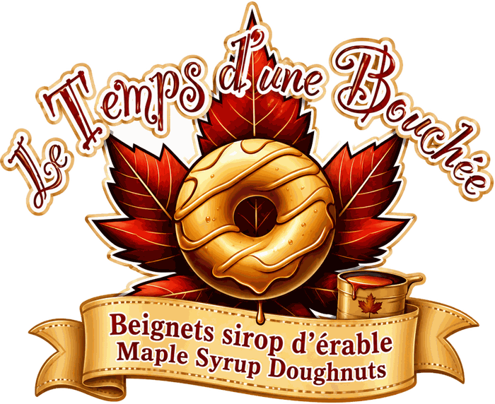 Logo Le Temps d'une Bouchée : un beignet glacé à l'érable entouré de feuilles d'érable, avec la mention Beignets sirop d'érable