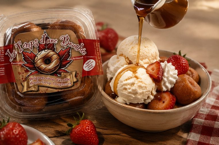 Bol de crème glacée à la vanille avec beignets au sirop d'érable, fraises fraîches et filet de sirop d'érable versé