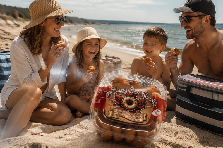 Famille qui partage des beignets au sirop d'érable lors d'une journée à la plage