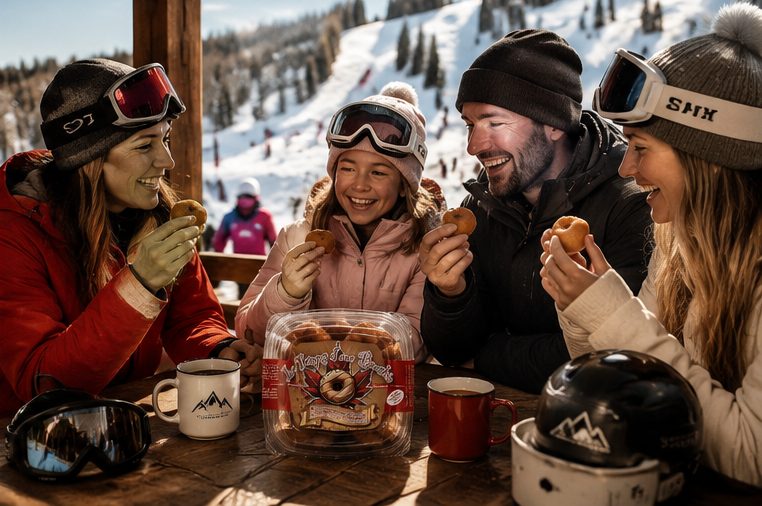 Famille en pause de ski qui déguste des beignets au sirop d'érable au chalet avec un chocolat chaud